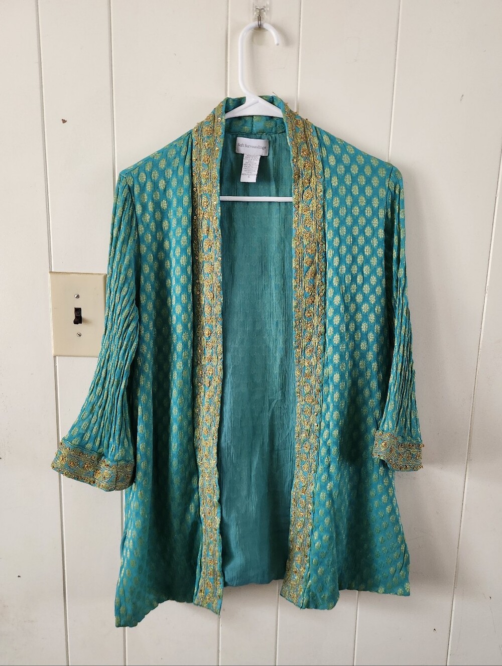 Soft Surroundings Teal & Gold Embellished Open Kimono Size S